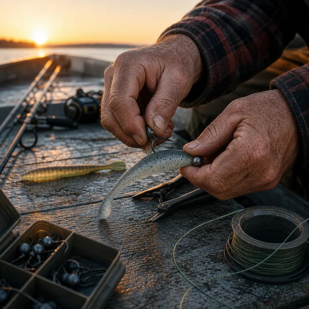 Rigging a soft plastic on the deck of a boat at dawn