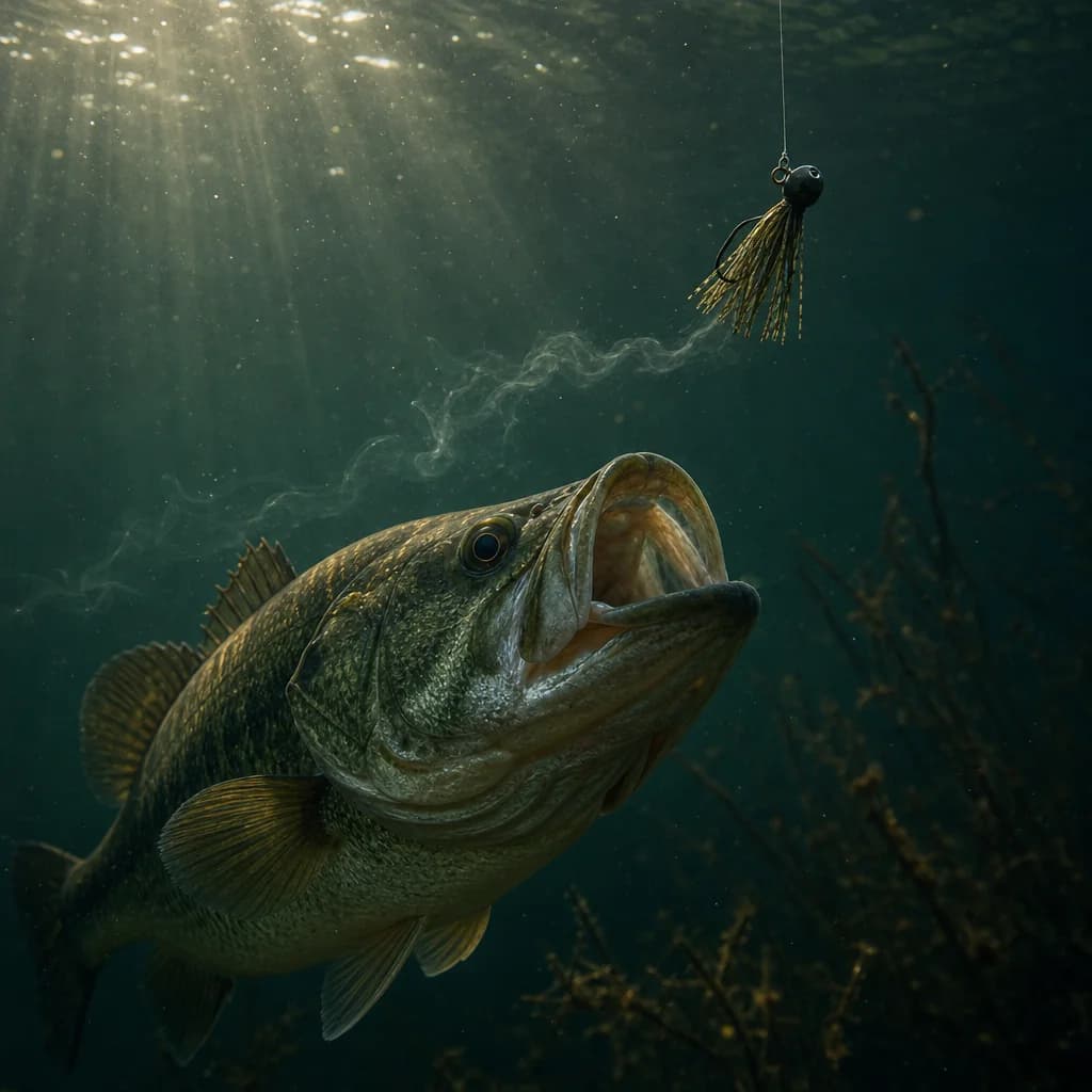 A bass rising to a jig in dark green water